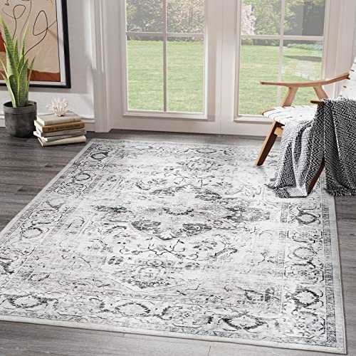 xilixili 8x10 Area Rugs for Living Room - Stain Resistant Anti-Slip Backing Washable Rug,Rugs for Bedroom,Dining Room,Vintage Printed Large Area Rug (Ivory/Gray,8'x10')