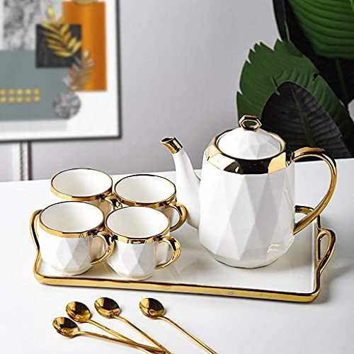 FGDSA European Style Tea Set, Bone China Kettle And Tea Cup, Gray Coffee Set With Tray, Suitable For Wedding Gifts/family Afternoon Tea (Color : B, Size : 1 pot 4 cups)