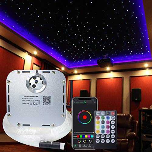 Kingmaled 32W Twinkle APP Sound Activated RGBW Fiber Optic Star Ceiling Light Kit for Home and Media Movie Room Decor, Bluetooth Light Engine+Remote Control+Cable 1000pcs*0.75mm*16.4ft/5m