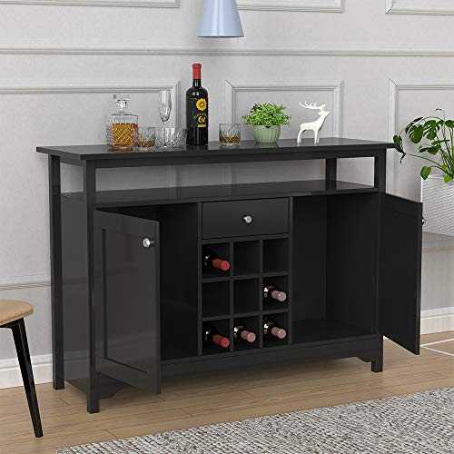 2 Doors Kitchen Sideboard Buffet Black Wooden Storage Cabinet Console Table with Drawers Shelves for Dining Room, Floor Freestanding Modern 9 Wine Cubes Unit Storage Cupboard Home Office