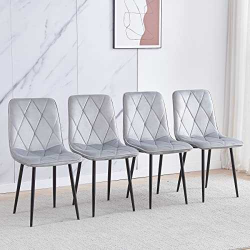 Ansley&HosHo Modern Dining Chairs Set of 4 Grey Velvet Fabric Upholstered Kitchen Counter Chairs Occasional with High Backrest Black Metal Legs for Living Room Lounge Office Reception Party Chairs
