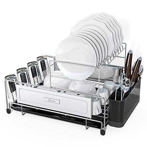 DDF iohEF 2 Tier 304 Stainless Steel Dish Drainer with Removable Drip Tray Cutlery Holder Cup Holder Draining Board Anti-Rust Kitchen Dish Drying Rack