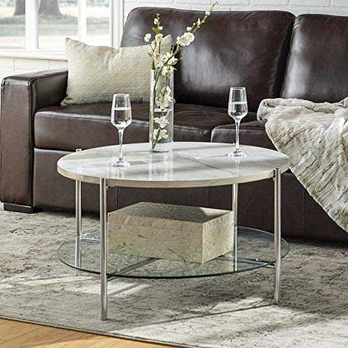 Eden Bridge Designs Modern Chic Stylish Round Coffee Table with Adjustable shelf for Living Room / Office - White Faux Marble Top, Glass Shelf, Chrome Legs