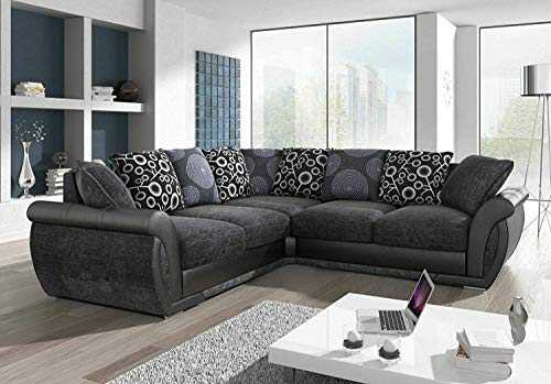 Luxury Sofas & Couches | Large Corner Sofa | Faux Leather & Chenille Fabric | Comfortable Foam Filled Seats | Grey and Black | Fire Resistant as per British Standards