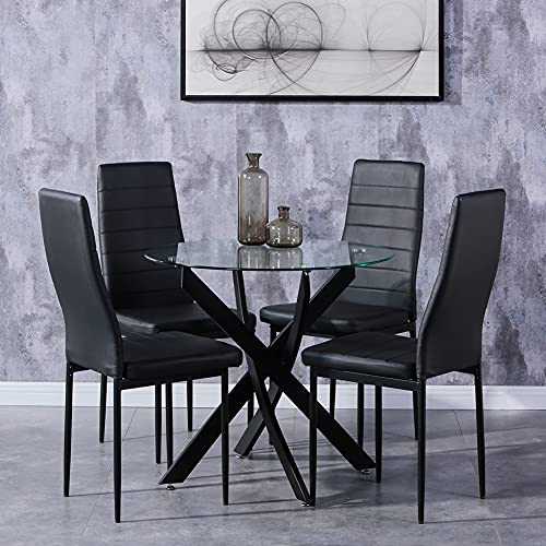 GOLDFAN Round Dining Table and 4 Chairs Glass Kitchen Table Black Metal Legs and Velvet Seat Chairs Dining Table Set, 100cm, Black