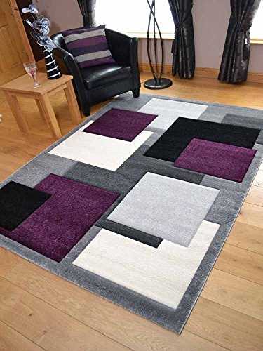 Tempo Silver Purple Square Design Thick Quality Modern Carved Rugs. Available in 6 Sizes (200cm x 300cm)