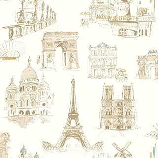 Cream / Beige / Blue - POB-24-01-8 - Paris - Sketch - Eiffel Tower - Notre Dame - Moulin Rouge - Ideco Wallpaper