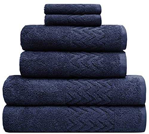 Pleasant Home 6 Piece Chevron Border Bath Towels Set – 2 Bath Towels, 2 Hand Towels, 2 Wash Cloths – 520 GSM -100% Cotton - Soft & Absorbent (Navy)