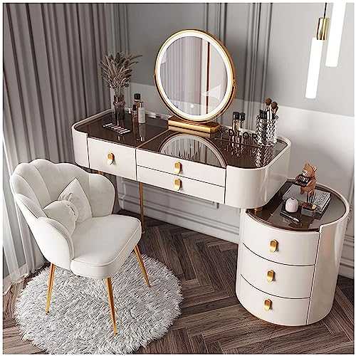ZTGL Makeup Vanity Desk with Lighted Mirror and Glass Top, Large Vanity Table Set with Drawers, Side Cabinet & Chair, Solid Wood Large Dressing Table with Touch Mirror LED Lights,White,80cm/31.5in