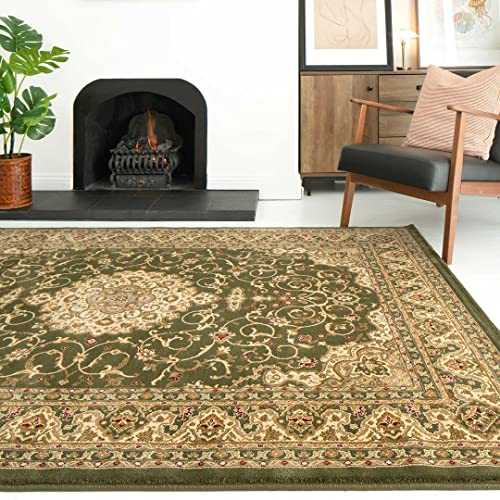 Classic Oriental Traditional Green Living Room Area Rug Cream Persian Style Floral Medallion Mat Carpet Gold Bedroom Hallway Bordered Rugs 120cm x 170cm