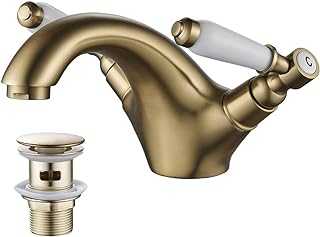 Glod Basin taps with pop up Waste Dual Lever Basin Mixer taps,Luckyhome Bathroom Sink Mixer taps Chrome hot and Cold Faucet Solid Brass Valve Body