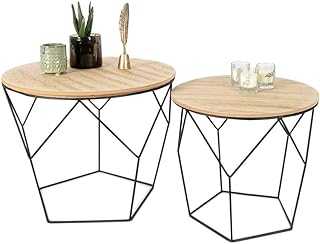 LIFA LIVING Set of 2 Side Tables for Living Room, Pre-assembled Geometric Contemporary Coffee Tables for Small Spaces, Metal & Removable Round Wooden Top, Bedroom Nesting End Bedside Tables, 20kg
