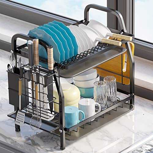 COVAODQ Dish Drying Rack 2-Tier Dish Rack with Utensil Holder, Cutting Board Holder and Dish Drainer for Kitchen Counter (Black)
