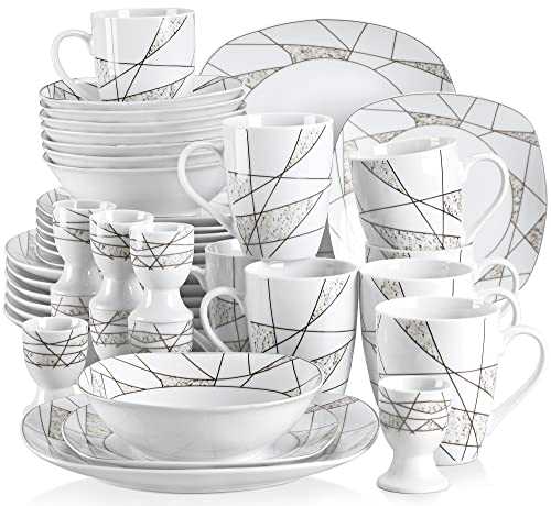 VEWEET 'Serena' 40-Piece Dinner Set Ivory White Porcelain Irregular Patterns Combination Sets with 8 * Egg Cup, 8 * Mug, 8 * Bowl, 8 * Dessert Plate, 8 * Dinner Plate