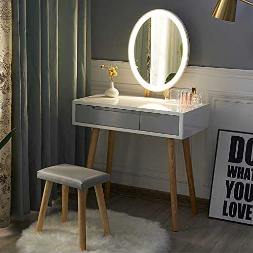 YOURLITE Dressing Table with LED Lights Mirror - White Vanity Makeup Table Set with Adjustable Brightness Mirror, Cushioned Stool and Free Make-up Organizer (White+Grey+Oval Mirror)