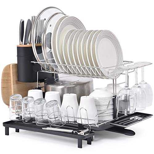Kingrack 2 Tier Dish Rack,304 Stainless Steel Dish Drainer,Large Capacity Dish Drying Rack with Stretchable Drip Tray,Removable Cutlery Cutting Board Wine Glasses Cups Holder & Plate Rack for Kitchen