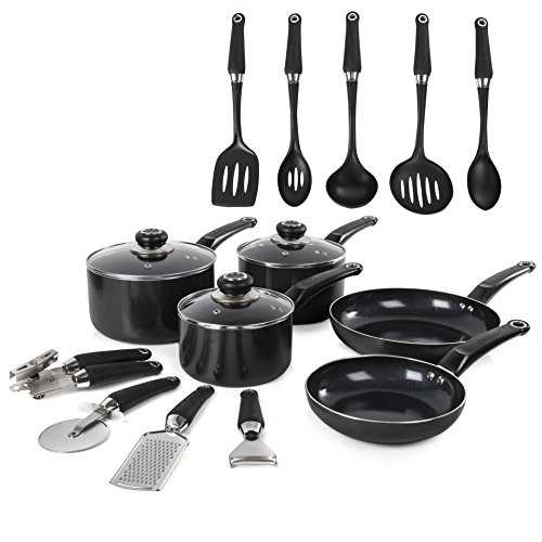 Morphy Richards 970040 Equip Frying Pan And Saucepan Set 5 Piece, Includes 9 Piece Tool Cookware Set, Non Stick Ceramic Coating, Black