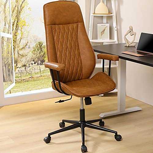 Leather Office Chair Brown Executive Office chair with removable arms ergonomic Computer Chair with adjustable Backrest tilt 30°, PU High Back Desk chair for home