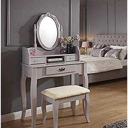 Home Source - Vintage Style Grey Dressing Table Padded Stool Oval Mirror Drawers 3pc Set