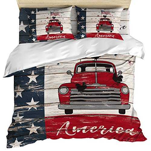 Luxury 4 Piece Bedding Set Queen Size, Vintage Wooden Farm House with Truck Carrying American Flag Duvet/Comforter/Quilt Cover Set with Bed Sheet Pillow Shams for Kids/Teens/Adults/School