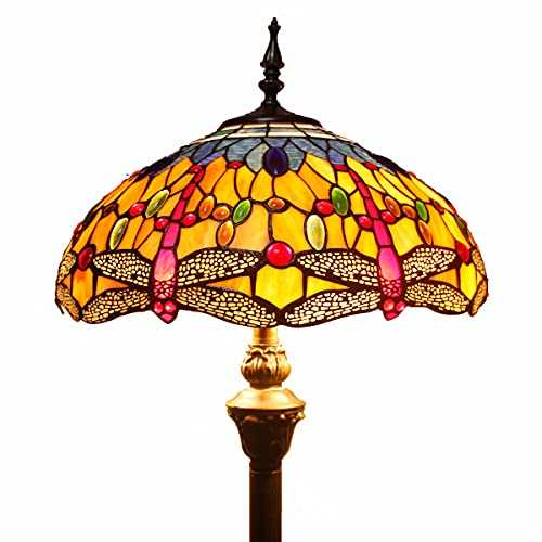 Tiffany Style Floor Standing Lamp W16H64 Inch Tall Orange Blue Stained Glass Crystal Bead Dragonfly Lampshade Antique Reading Lighting Base S168 WERFACTORY Lamps Bedroom Gifts