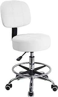 KKTONER Swivel Round Rolling Stool PU Leather with Adjustable Foot Rest, Height Adjustable Task Work Drafting Chair with Back (White)