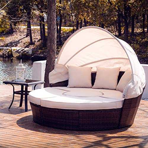 VONLUCE 5 Piece Modular Wicker Garden Daybed with Daybed and Central Stool, Outdoor Rattan Sectional Sofa Set with Rattan Daybed or 4 Chairs, Round Table, Retractable Canopy, Pillows, Cover, Beige