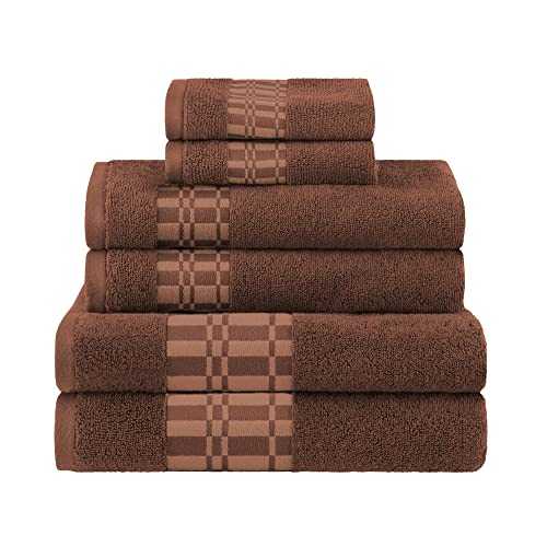 Superior100% Ultra Soft Cotton 6 Piece Towel Set, 550 GSM, Soft Highly-Absorbent Plush Quick Dry, Medium Weight Bathroom Accessories, Geometric Jacquard Pattern, Dobby Border, Bath Towel, Chocolate