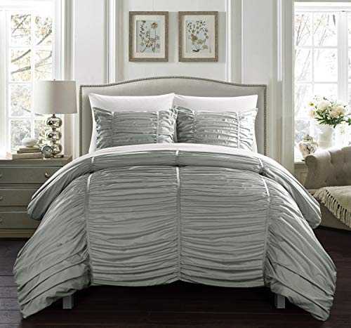 Chic Home Kaiah 3 Piece Comforter Set Contemporary Striped Ruched Ruffled Design Bedding - Decorative Pillow Shams Included, Grey, Queen