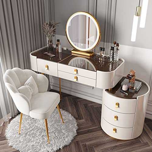 Makeup Vanity Desk with Lighted Mirror and Glass Top - Large Dressing Table Set with Drawers, Side Cabinet & Chair - 3 Lighting Colors for Her