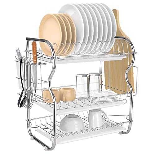Youyijia 3 Tier Dish Rack Dish Drainer Rack with Drip Tray Stainless Steel Dish Drying Rack with Drainboard Chopsticks Knives Cutting Board Holder
