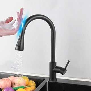 HAPPLiGNLY Touchless Pull Out Kitchen Sink Tap Pull Down High Arc Single Handle Single Level Kitchen Faucet with UK Standard Fittings Kitchen Mixer Taps-Black