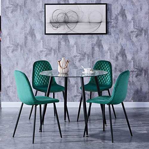 GOLDFAN Dining Table and Chair Set 4 Modern Round Tempered Glass Kitchen Table and Fabric Velvet Chairs with Solid Wood Legs Dining Room Set, Green