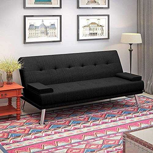 YRRA Fabric Sofa Bed 2 to 3 Seater Modern Sleeper Couch Seat Padded Lounge Sofa with 2 Cushions for Living Room Guest Room (Fabric Black)-Fabric Black