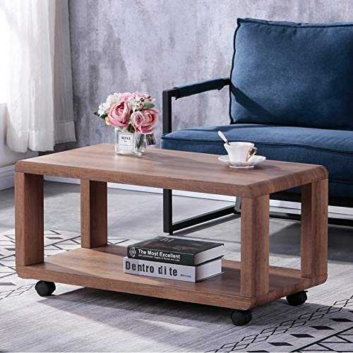 GOLDFAN Coffee Table with Storage Wooden Side End Table Retro Rectangle Centre Table on Wheels for Living Room Home Office, Brown