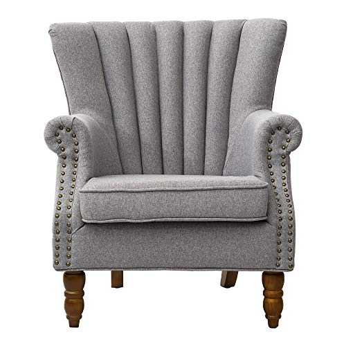 Warmiehomy Armchair Fabric Linen Fabric Accent Upholstered Chair Armchair Wing Back with Solid Wooden Legs Living Room (Grey)