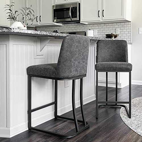 MAISON ARTS Counter Height 24" Bar Stools Set of 2 with Back for Kitchen Counter Modern Upholstered Barstools Faux Leather Farmhouse Bar Chairs Island Stools Support 330LBS, 24 Inch, Grey+Black Frame