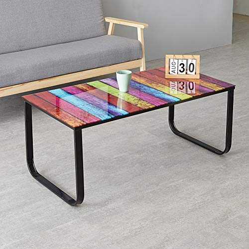 OFCASA Glass Coffee Table Retro Coffee Table with Rainbow Painting Metal Frame Storage End Side Table for Living Room Home Office