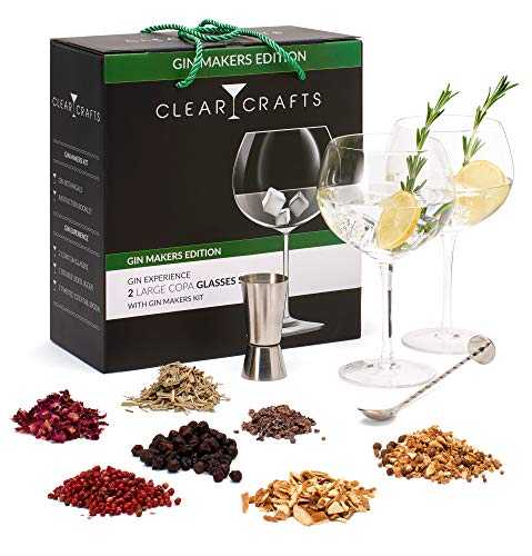 Gin Glasses Gift Set of 2 with Gin Making Kit by CLEAR CRAFTS| 2 G&T Glasses| Double Sided Jigger and Pro Cocktail Spoon| Make 8 Bottles of Flavoured Gin| Instruction Booklet Included
