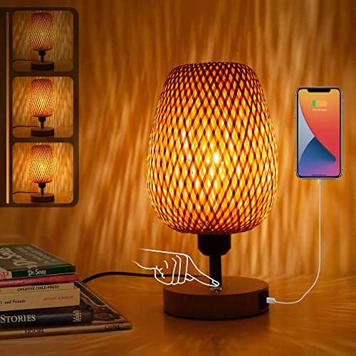 Allesin Bedside lamp with Bamboo, Touch Control Table lamp, Stepless dimmable Lamps, Nightstand Lamp with 2 USB Ports-Type C & Type A, LED Desk lamp for Living Room,Bedroom(LED Bulbs Included)