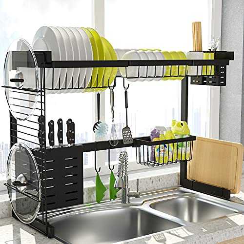 Kingrack Over The Sink Dish Drainer, 2-Tier Dish Rack Above Sink, Multipurpose Large Dish Drying Rack Drainer with Pot Lid Holder, Kitchen Countertop Shelf Organizer with Cutlery Cutting Board Holder