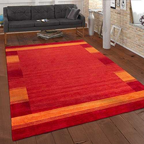 Paco Home Rug Hand-Woven Gabbeh Quality 100% Wool Border Mottled In Orange Yellow, Size:200x300 cm