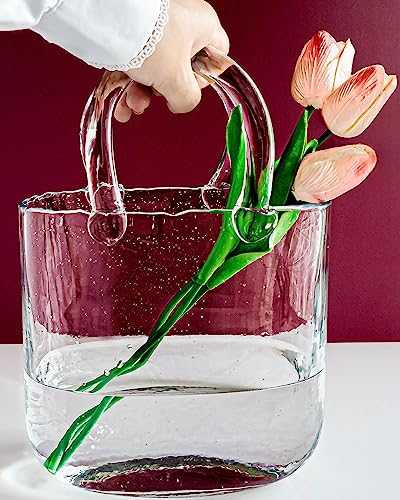OLEEK Purse vase for Flowers (Handmade) Clear Glass Bag vase -10Inches- Clear, Cool & Cute vase for centerpieces & Fish Bowl - Handbag Unique Flower vase Decorative - Wide Mouth Bubble vase for décor
