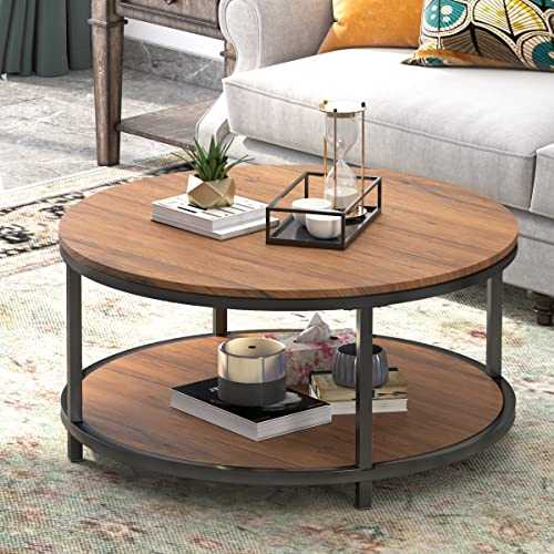 Round Coffee Table Rustic Vintage Industrial Design Furniture Sturdy Metal Frame Legs Sofa Table Cocktail Table with Storage Open Shelf for Living Room, Easy Assembly, Brown