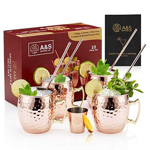 A&S UK Moscow Mule Copper Mugs - Set of 10 with 4 Copper Mugs and A Free Cocktail Recipe Book for Parties - A Great Mug Gift Set for Cocktail Drinkers
