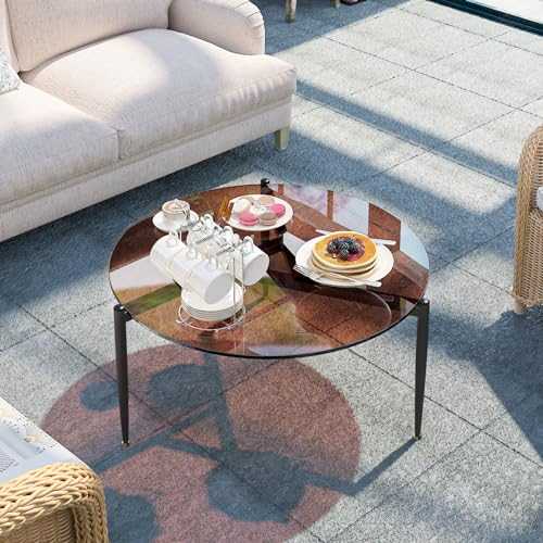 Artloge Round Coffee Table Tempered Glass: 80cm x 40cm Modern Minimalist High Gloss Brown Tinted Glass Top Tables with Matt Black Leg Clear Large Circle Centre Table for Living Room