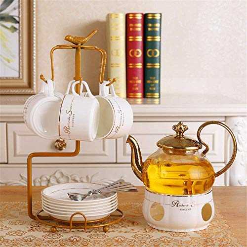 Tea Sets for Afternoon Tea with Teapot,Including 6 Pcs Tea Cup And Spoon With Metal Holder Ceramic Luxurious European Style Gold Trim Tea Cup Set