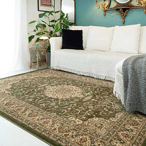 Medallion Green Persian Style Traditional Area Rug Classic Floral Oriental Lounge Living Room Floor Carpet Cream Gold Transitional Rugs 120cm x 170cm