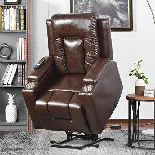 BTM Power Lift Chair Electric Riser Recliner for Elderly Leather Sofa Recliner Armchair Living Room Chair with Side Pocket and Cup Holders, Functional w/Remote Control, Brown
