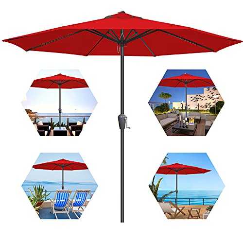 Garden Parasols Umbrellas 2.7m/9FT, Large Beach Parasol Patio Umbrella with Crank Handle, Sun Protection for Outdoor Table and Chairs, Sunshade for Terrace,Balcony, Backyard, Coffee Bar, Red